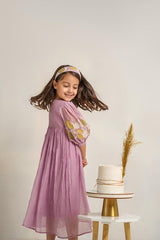Baby Beluga- Lavender Chanderi Silk Hand Embroidered Puffed Sleeves Dress for Girls - Totdot