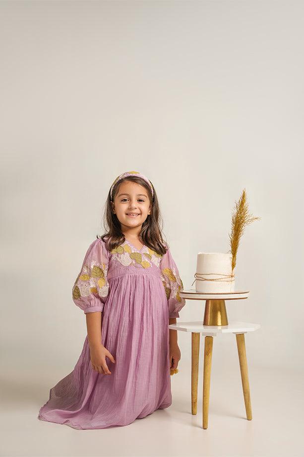 Baby Beluga- Lavender Chanderi Silk Hand Embroidered Puffed Sleeves Dress for Girls - Totdot