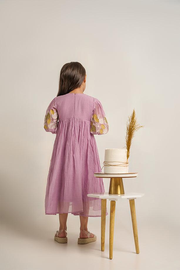 Baby Beluga- Lavender Chanderi Silk Hand Embroidered Puffed Sleeves Dress for Girls - Totdot