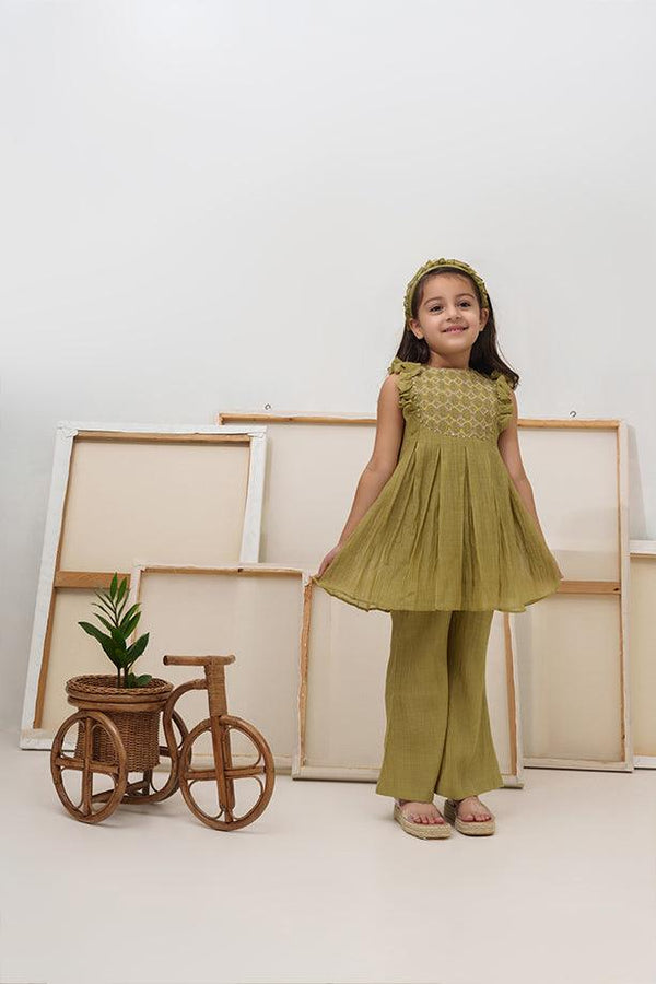 Baby Bumblebee- Green Chanderi Silk Hand Embroidered Frilled Co-ord Set for Girls - Totdot