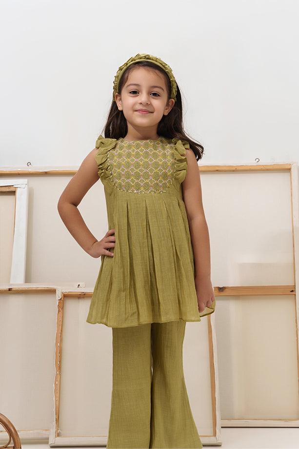 Baby Bumblebee- Green Chanderi Silk Hand Embroidered Frilled Co-ord Set for Girls - Totdot