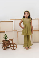 Baby Bumblebee- Green Chanderi Silk Hand Embroidered Frilled Co-ord Set for Girls - Totdot