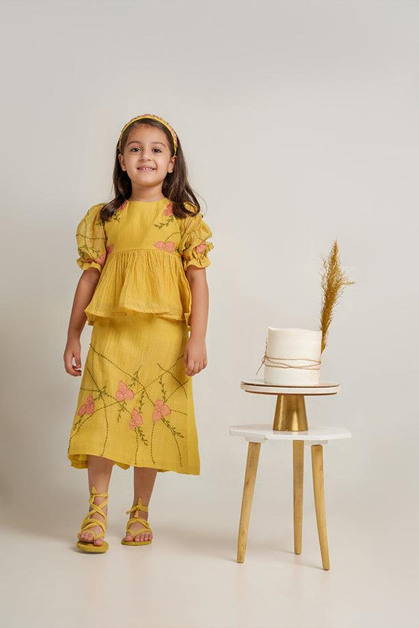 Baby Shark- Yellow Chanderi Silk Hand Embroidered Peplum Top & Straight Skirt Set for Girls - Totdot