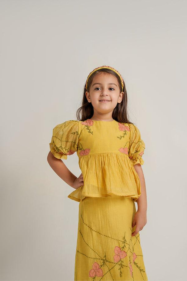 Baby Shark- Yellow Chanderi Silk Hand Embroidered Peplum Top & Straight Skirt Set for Girls - Totdot