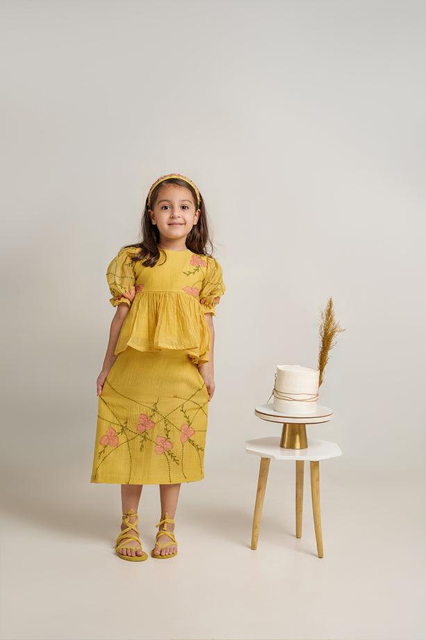 Baby Shark- Yellow Chanderi Silk Hand Embroidered Peplum Top & Straight Skirt Set for Girls - Totdot