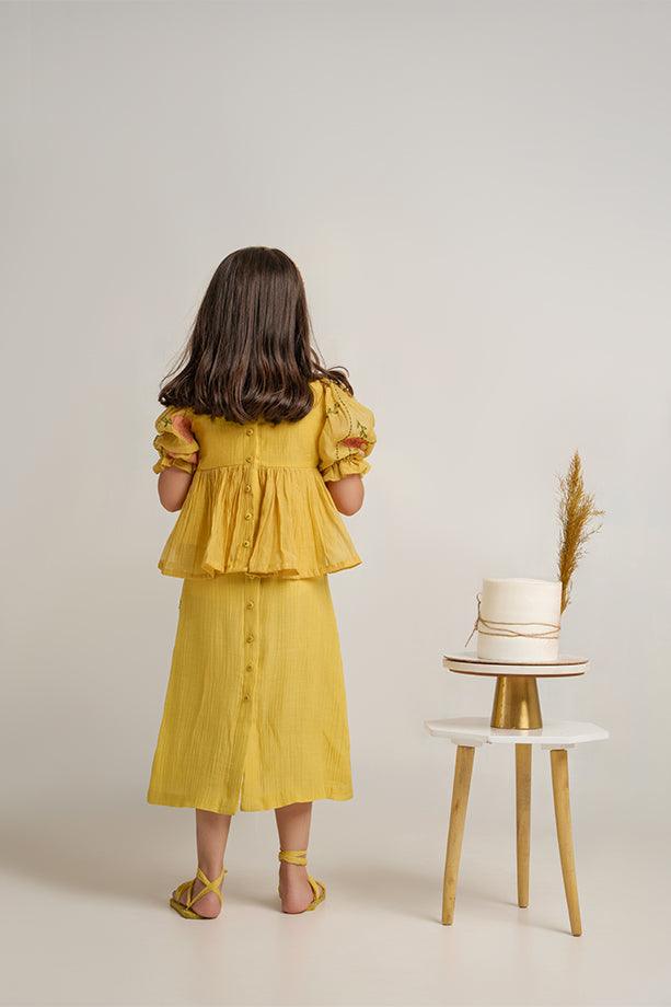 Baby Shark- Yellow Chanderi Silk Hand Embroidered Peplum Top & Straight Skirt Set for Girls - Totdot