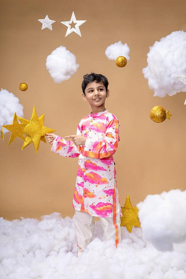Be Your Own Sunshine Off White Printed Kurta and Off White Pants Set for Boys - Totdot