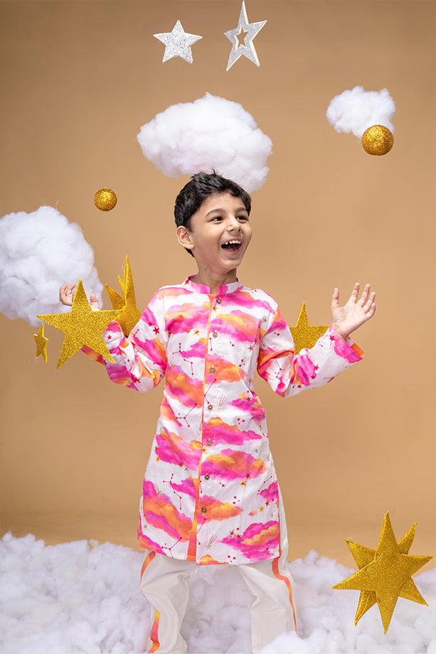 Be Your Own Sunshine Off White Printed Kurta and Off White Pants Set for Boys - Totdot