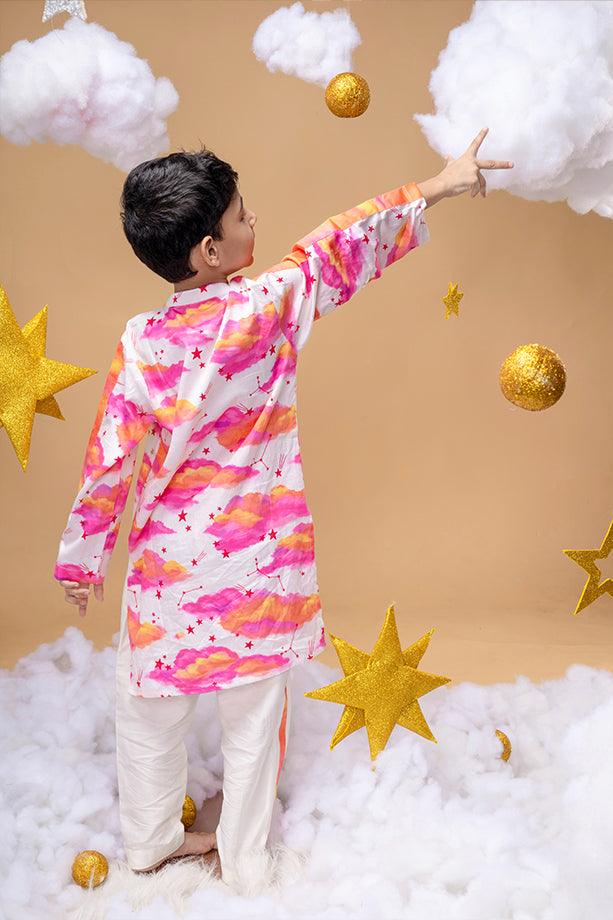 Be Your Own Sunshine Off White Printed Kurta and Off White Pants Set for Boys - Totdot