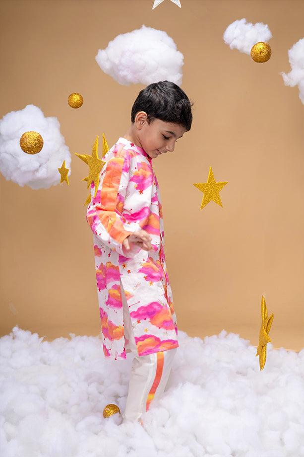 Be Your Own Sunshine Off White Printed Kurta and Off White Pants Set for Boys - Totdot