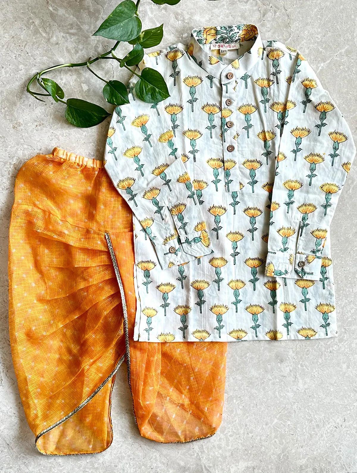 Block Print Kurta & Yellow Dhoti - Totdot