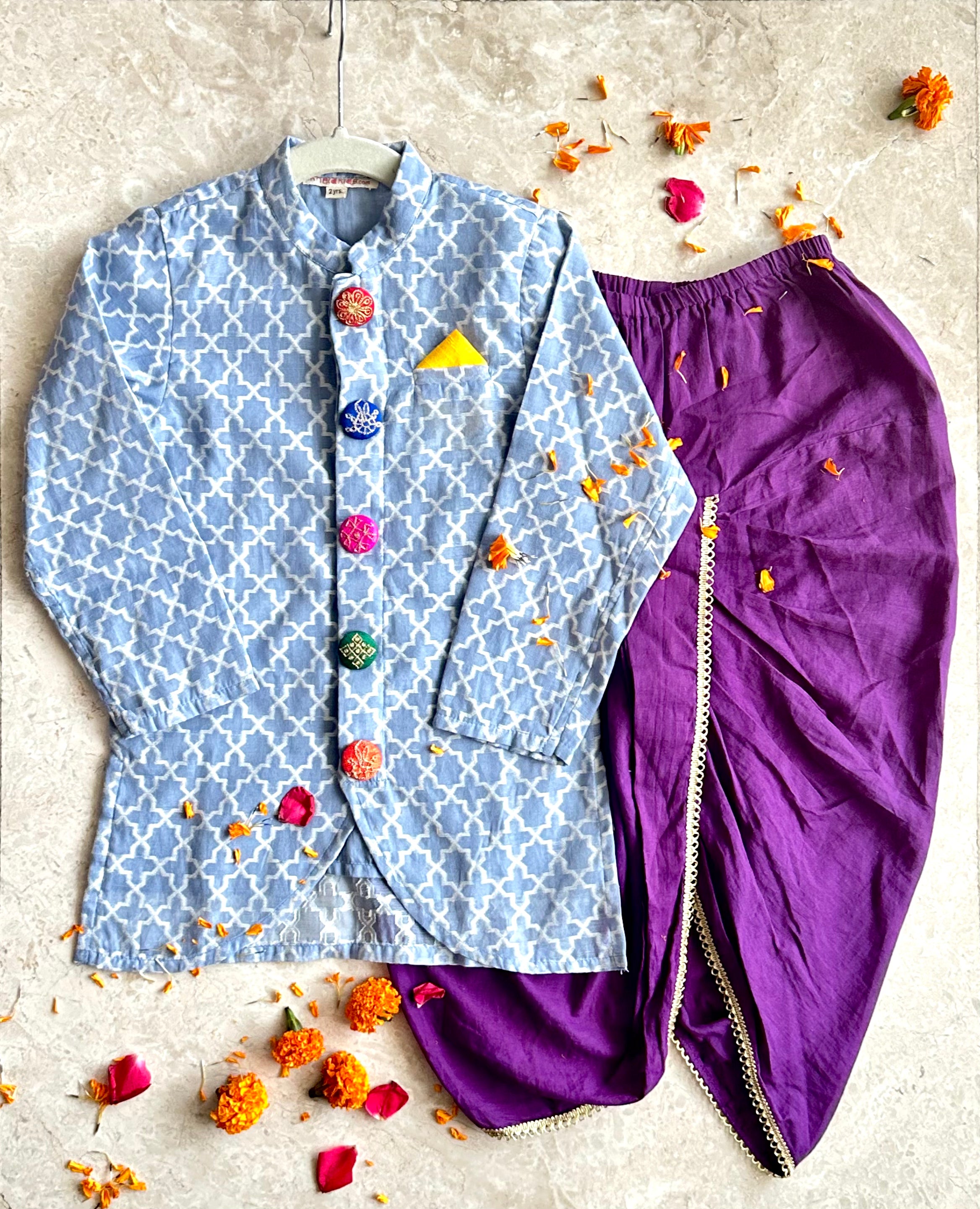 Blue benasi sherwani kurta + Dhoti - Totdot