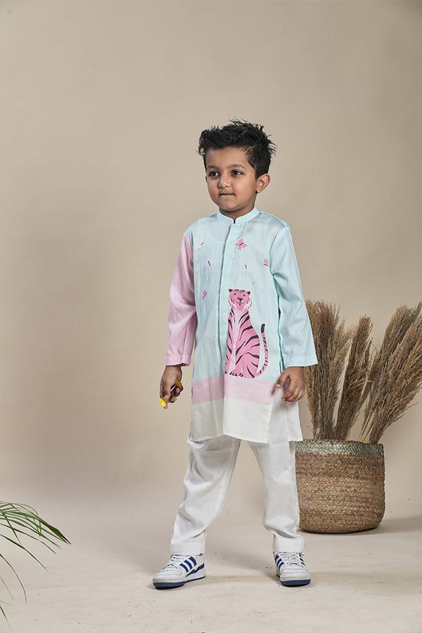 Blue Long Kurta and Pink & Off-White Pants Set for Boys - Totdot