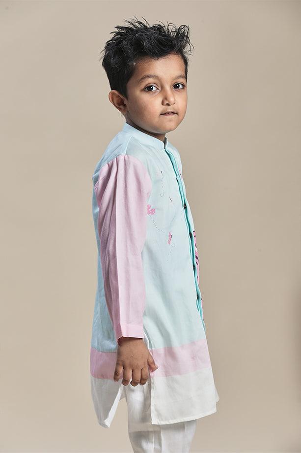 Blue Long Kurta and Pink & Off-White Pants Set for Boys - Totdot