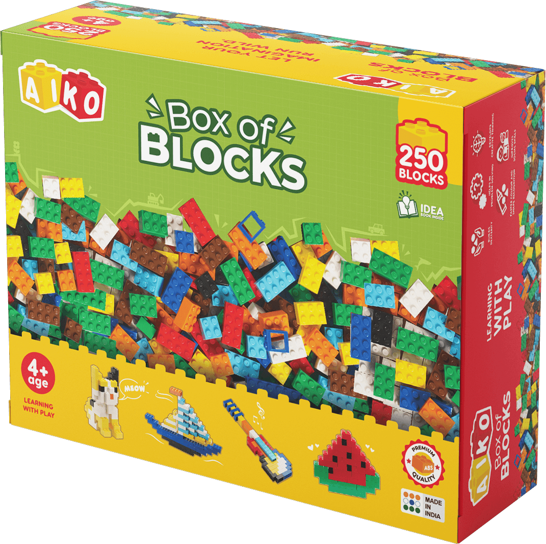 Aiko 250-Piece Building Blocks set for kids, promoting STEM learning and creative play with durable, non-toxic blocks