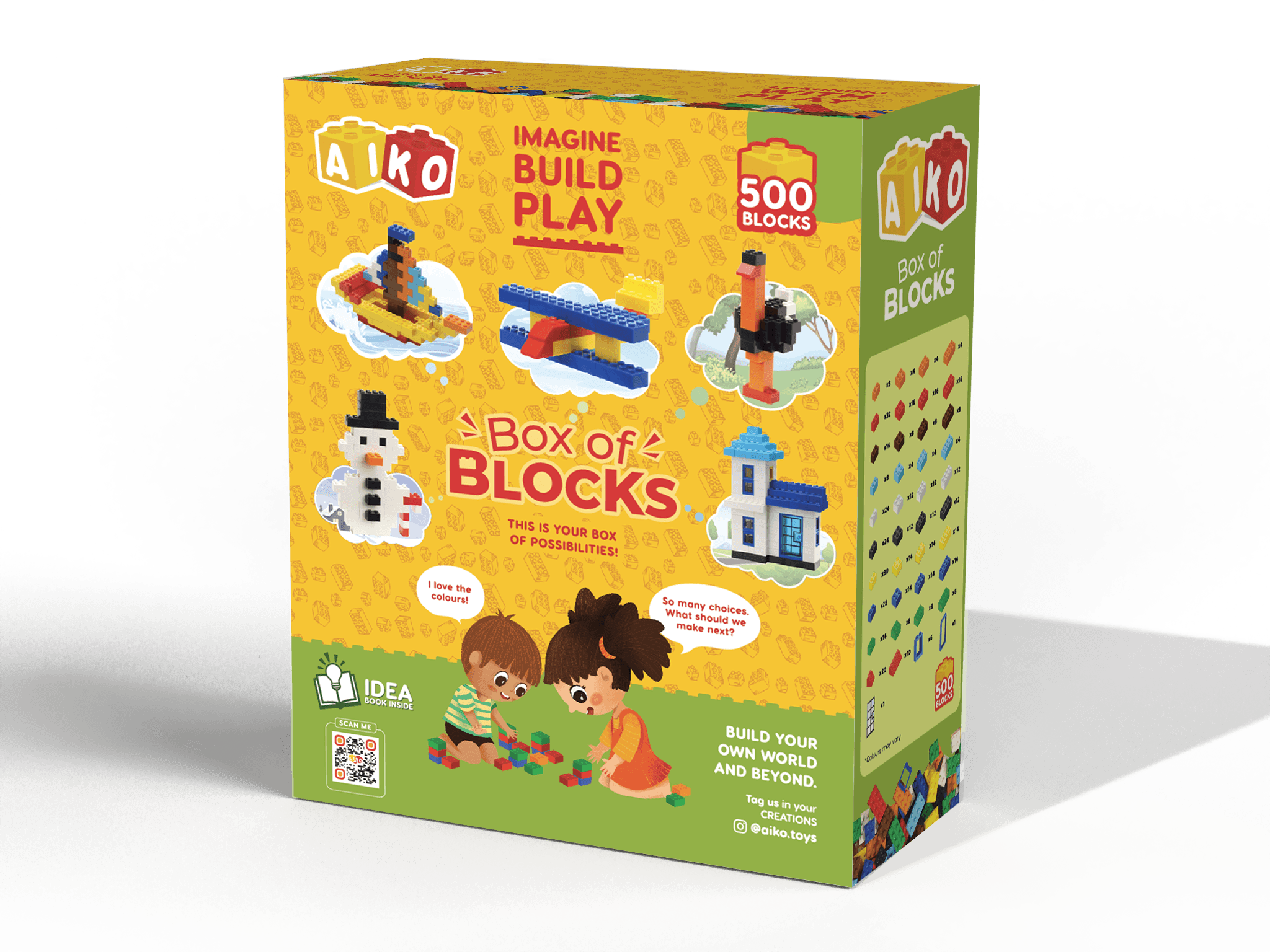 Aiko 500-Piece Building Blocks set for kids, promoting STEM learning and creative play with durable, non-toxic blocks