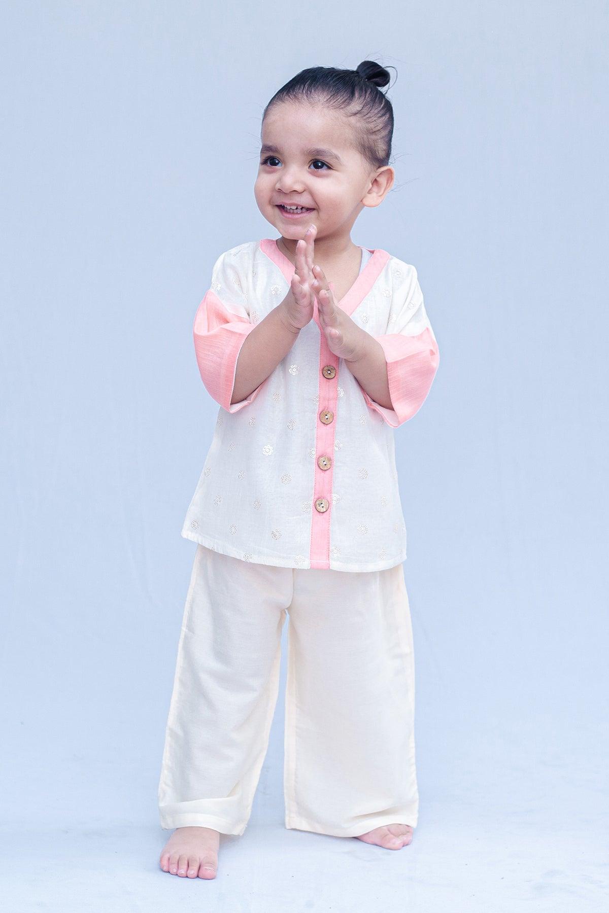 Boys Chanderi Partywear Shirt with Sequins - Peach & Offwhite - Totdot