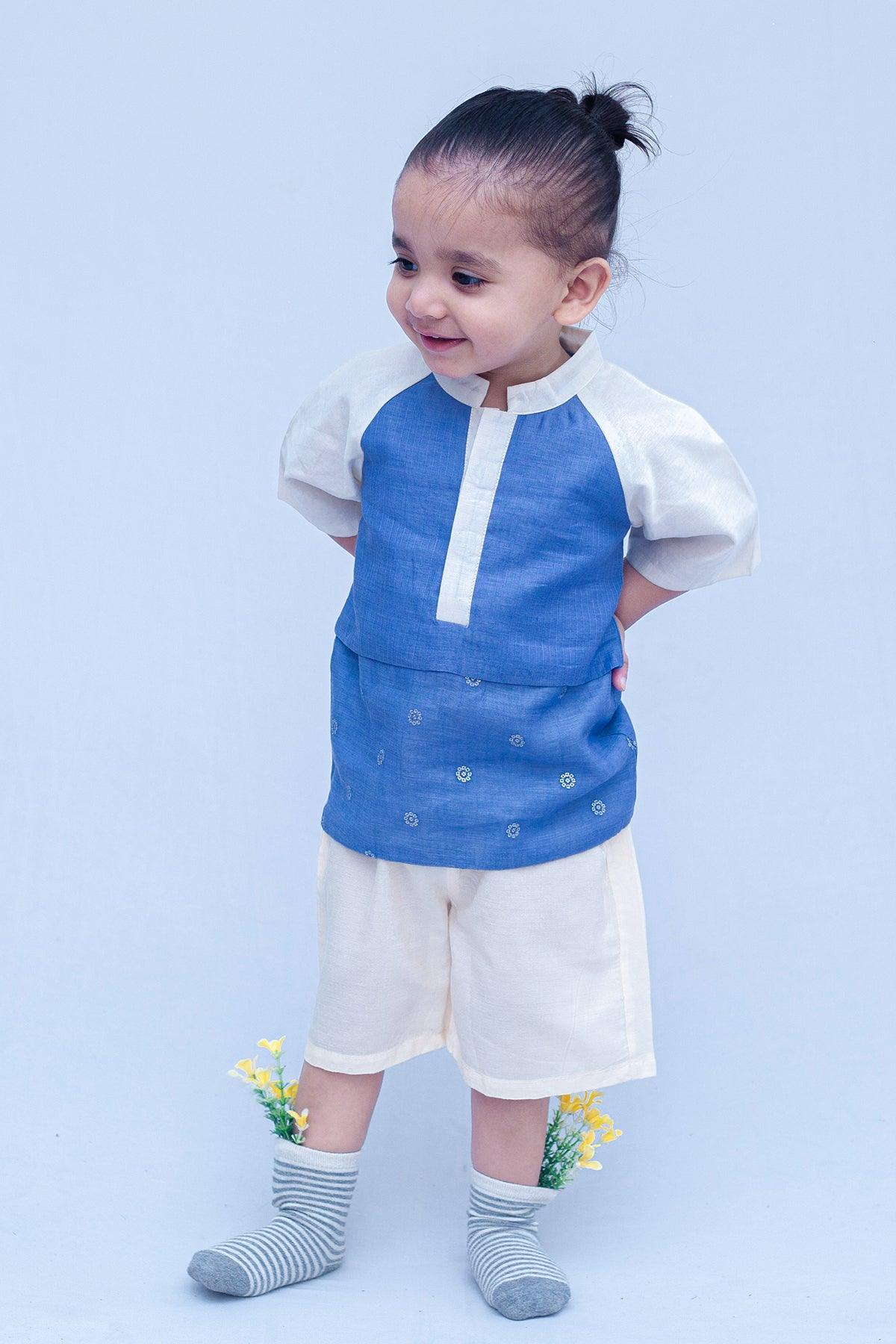 Boys Chanderi PartyWear Short Kurta - Blue & Offwhite - Totdot