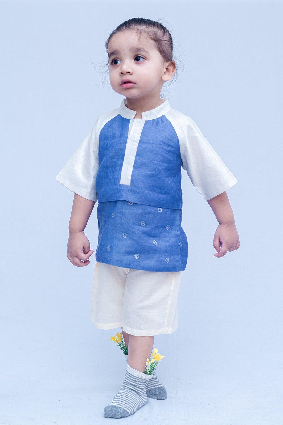 Boys Chanderi PartyWear Short Kurta - Blue & Offwhite - Totdot