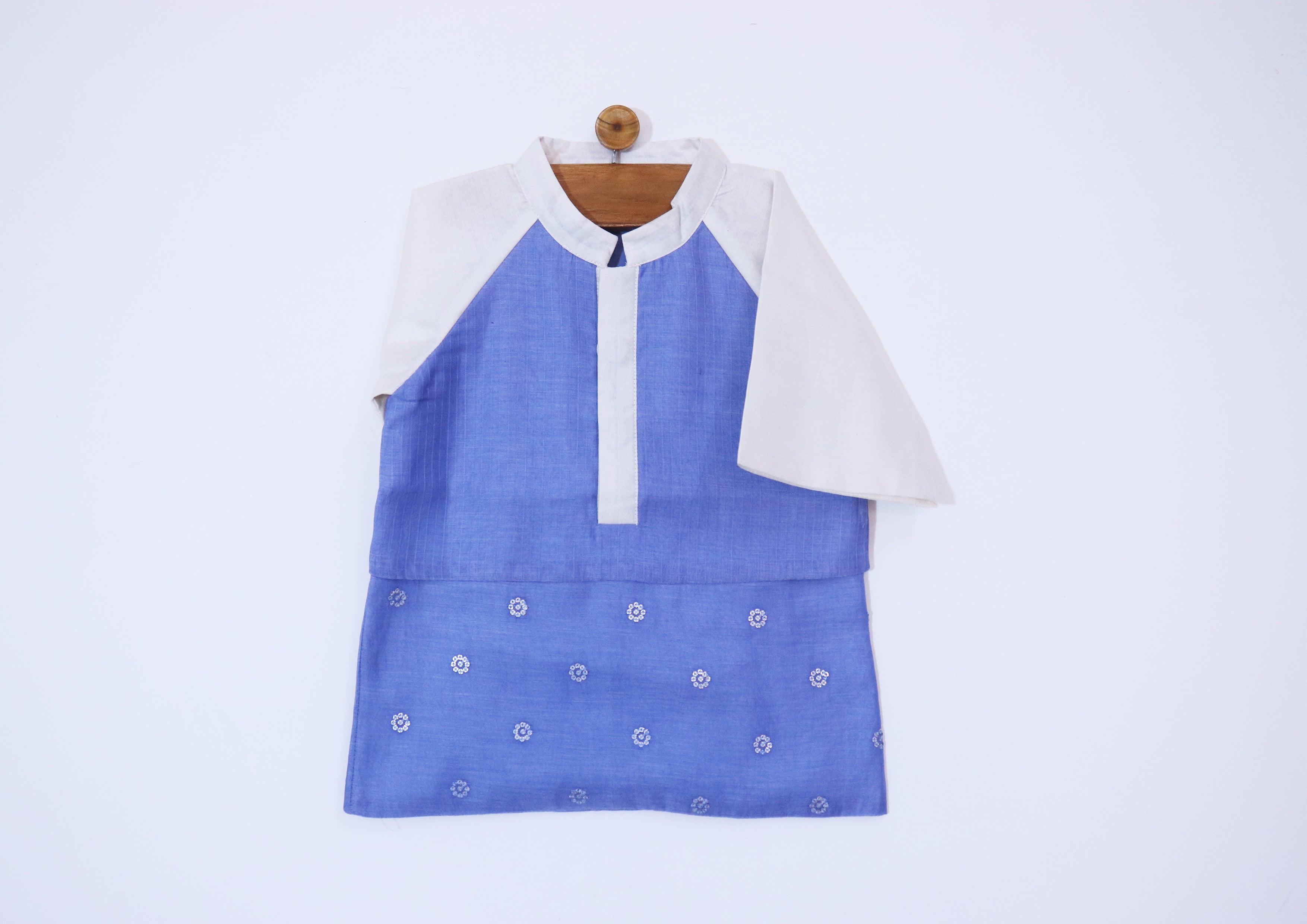 Boys Chanderi PartyWear Short Kurta - Blue & Offwhite - Totdot