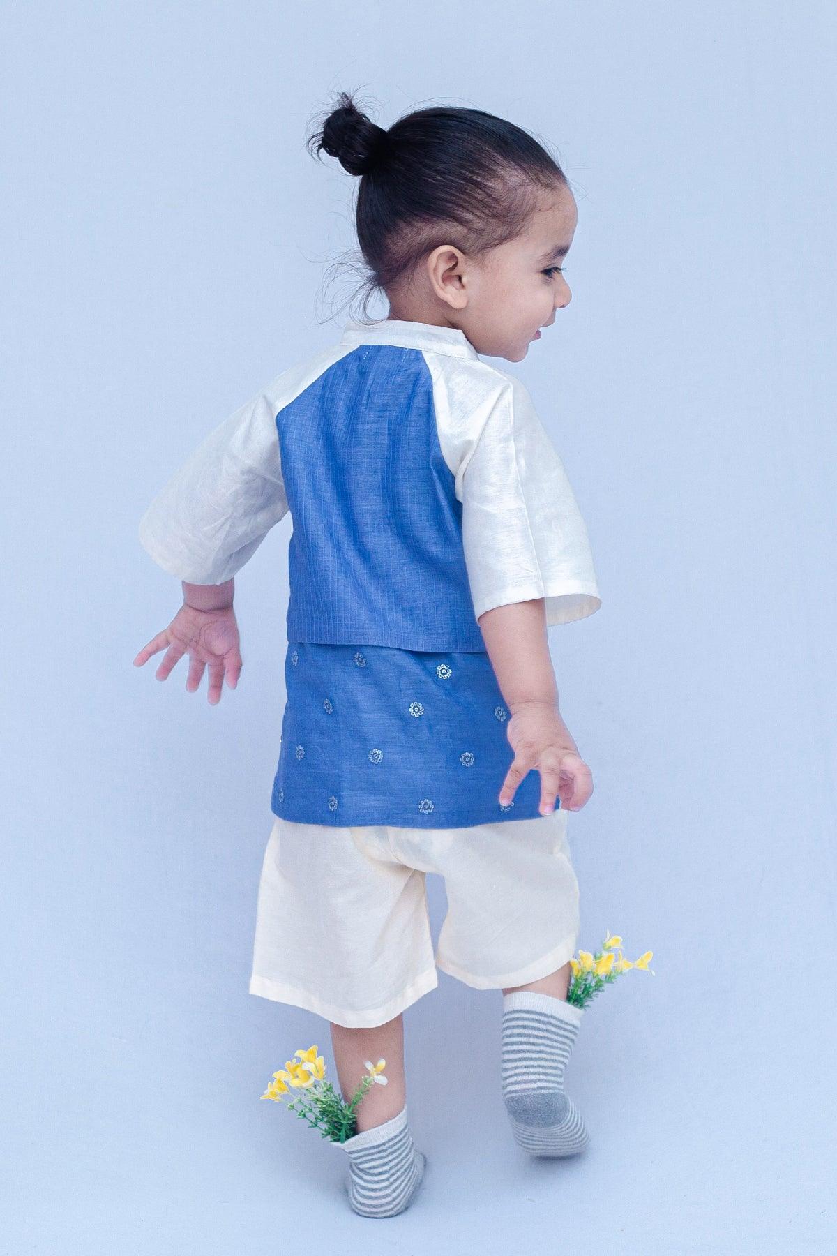 Boys Chanderi PartyWear Short Kurta - Blue & Offwhite - Totdot