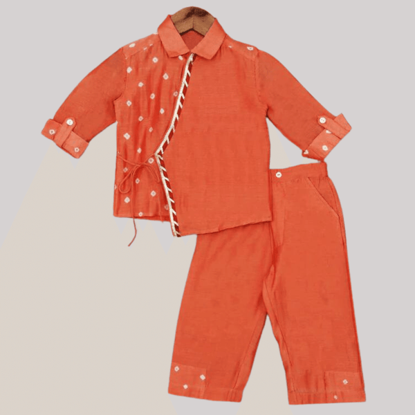 Boys Ethnic Angrakha Style Kurta Pajama Set - Orange - Totdot