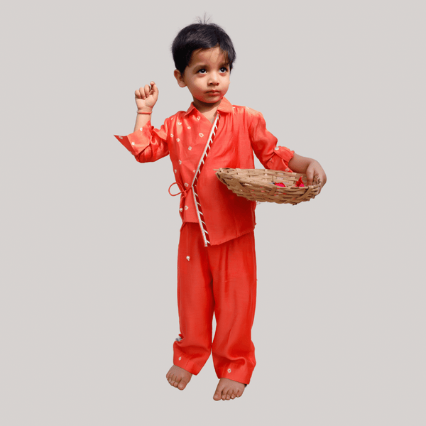 Boys Ethnic Angrakha Style Kurta Pajama Set - Orange - Totdot