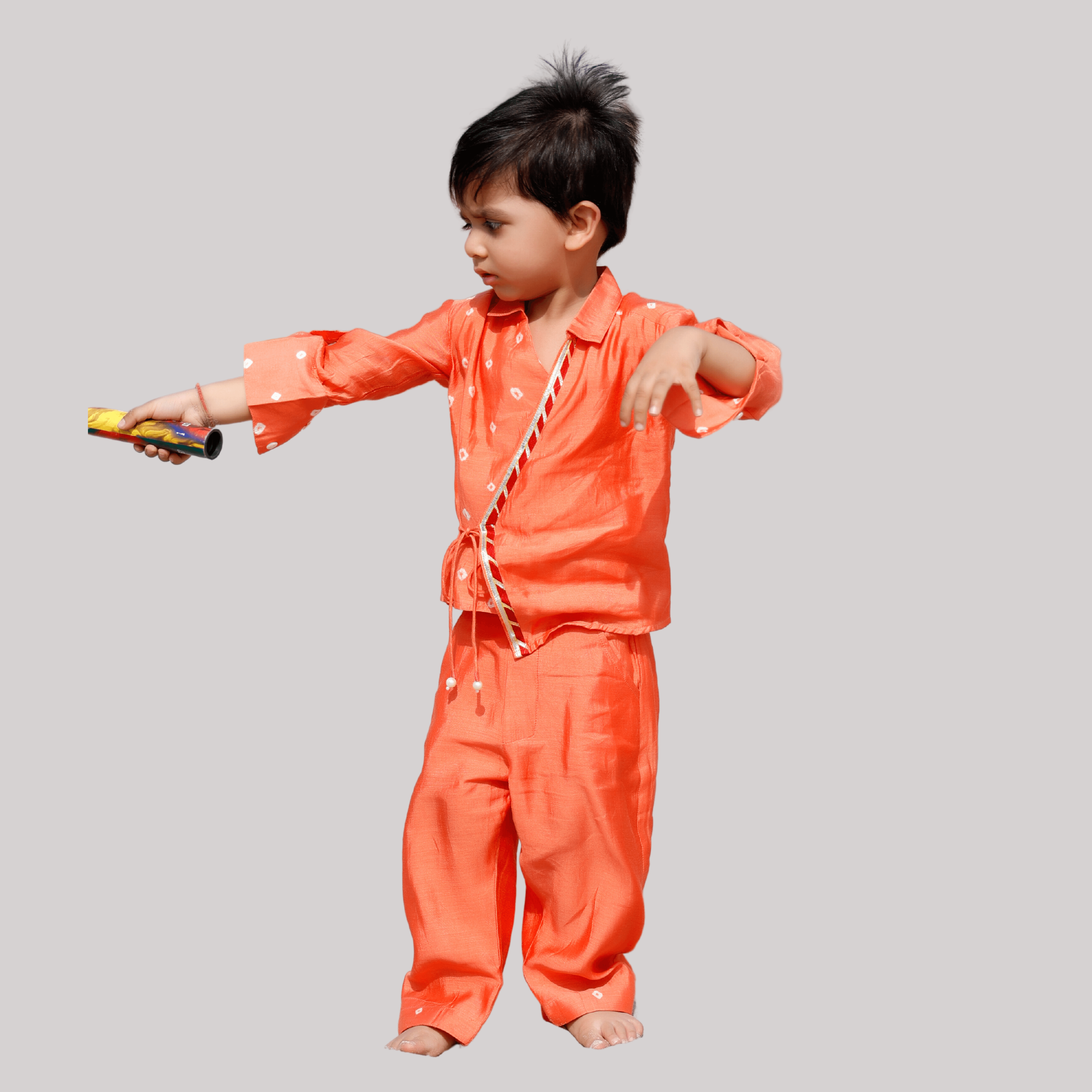 Boys Ethnic Angrakha Style Kurta Pajama Set - Orange - Totdot