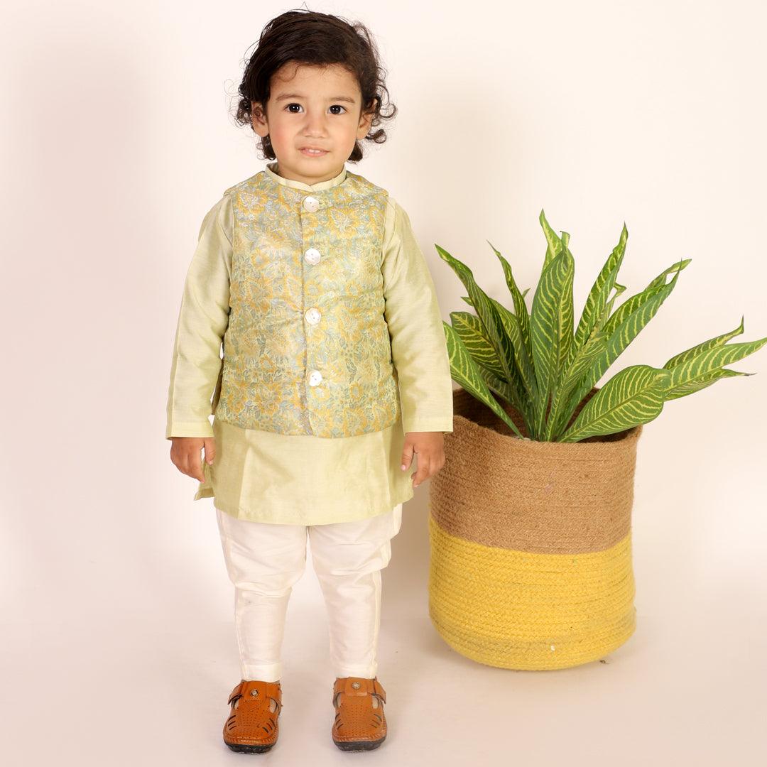 Boys Ethnic Brocade Floral Jacket with Rich Kurta Pant Set - Green - Totdot