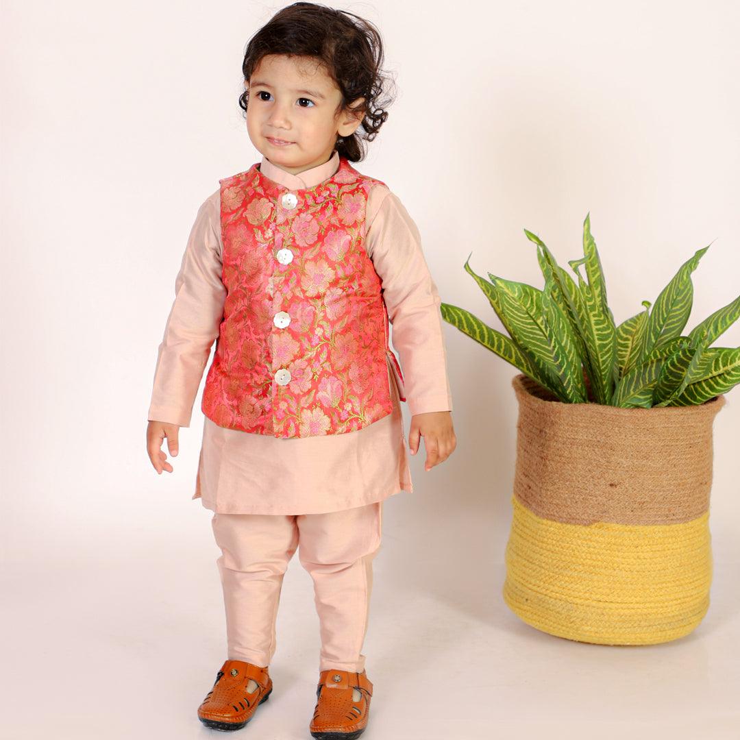 Boys Ethnic Brocade Floral Jacket with Rich Kurta Pant Set - Red - Totdot