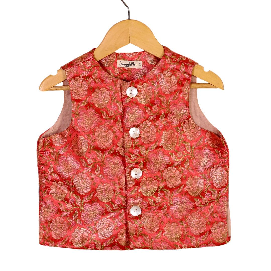 Boys Ethnic Brocade Floral Jacket with Rich Kurta Pant Set - Red - Totdot