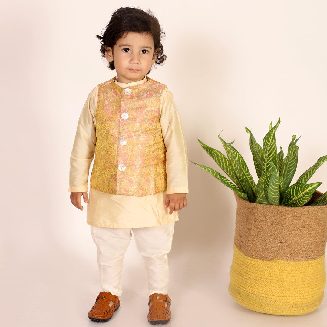 Boys Ethnic Brocade Floral Jacket with Rich Kurta Pant Set - Yellow - Totdot