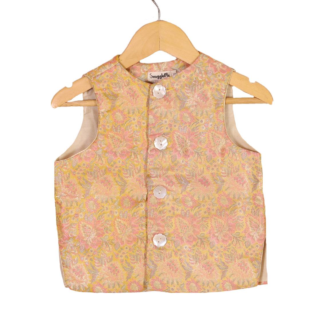 Boys Ethnic Brocade Floral Jacket with Rich Kurta Pant Set - Yellow - Totdot