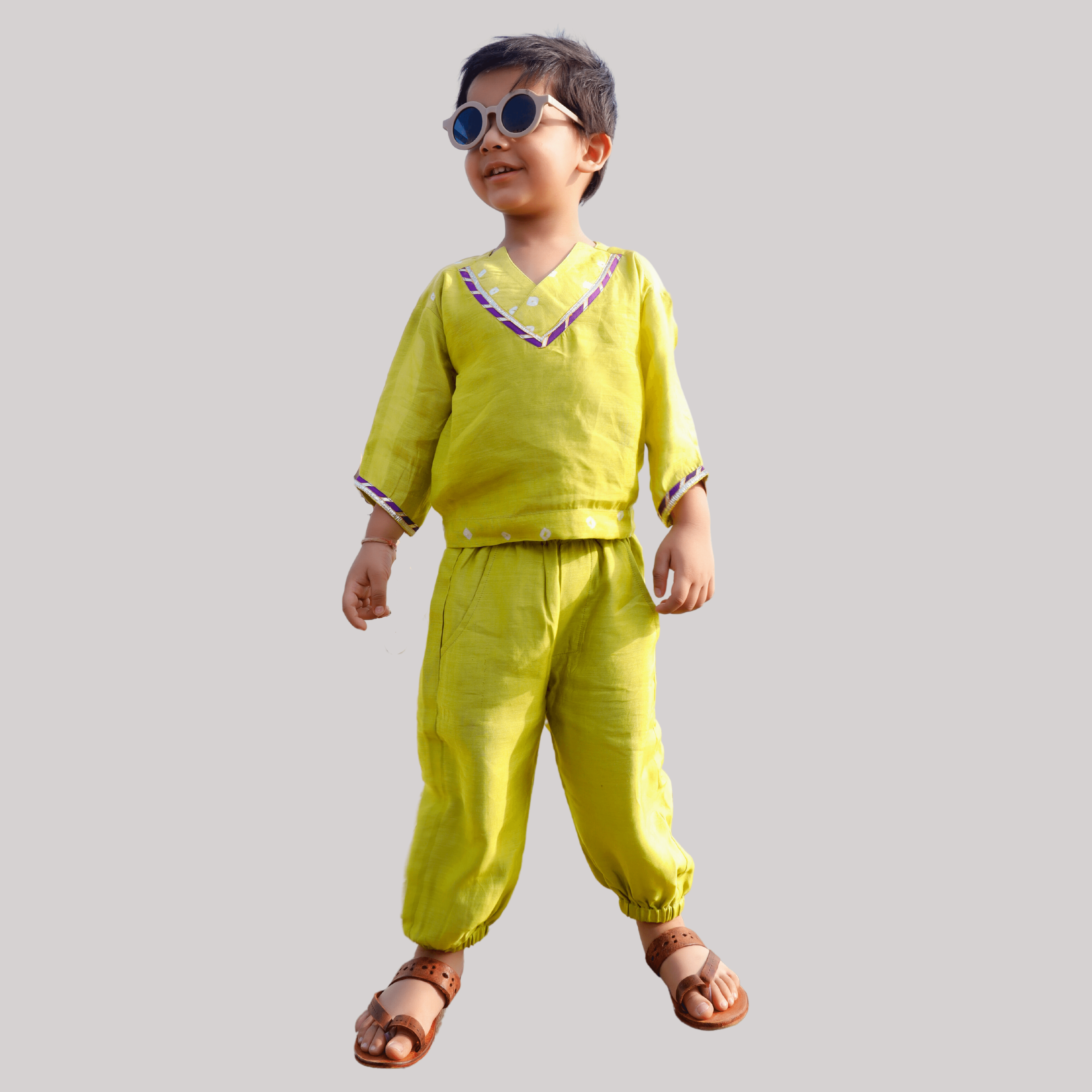 Boys Ethnic Kurta Pajama Set with Joggers - Lime Green - Totdot