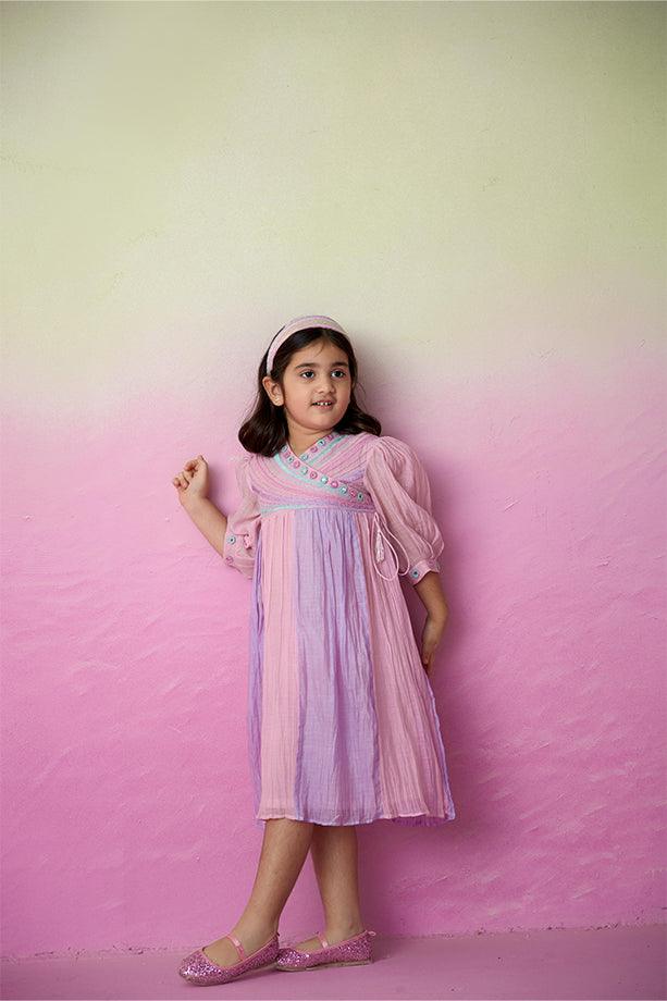 Breezy Blossom- Orchid Pink Lavender Hand Embroidered Gathered Dress for Girls - Totdot