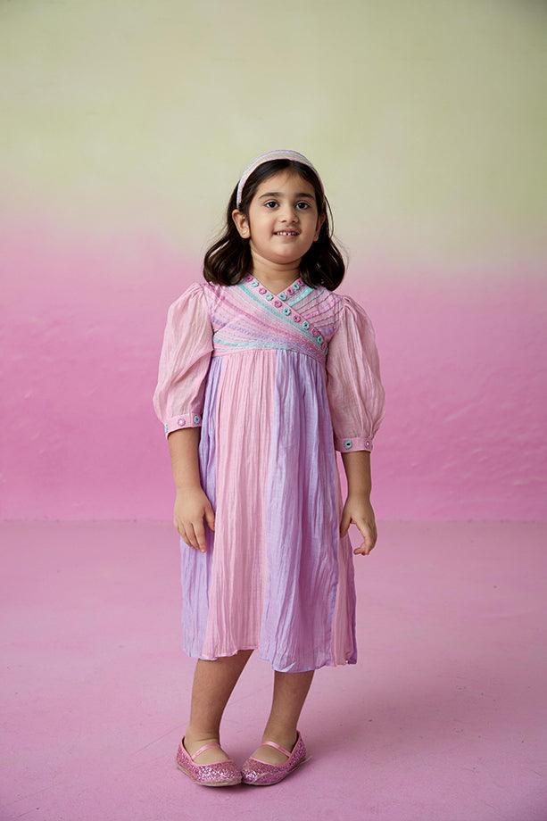 Breezy Blossom- Orchid Pink Lavender Hand Embroidered Gathered Dress for Girls - Totdot