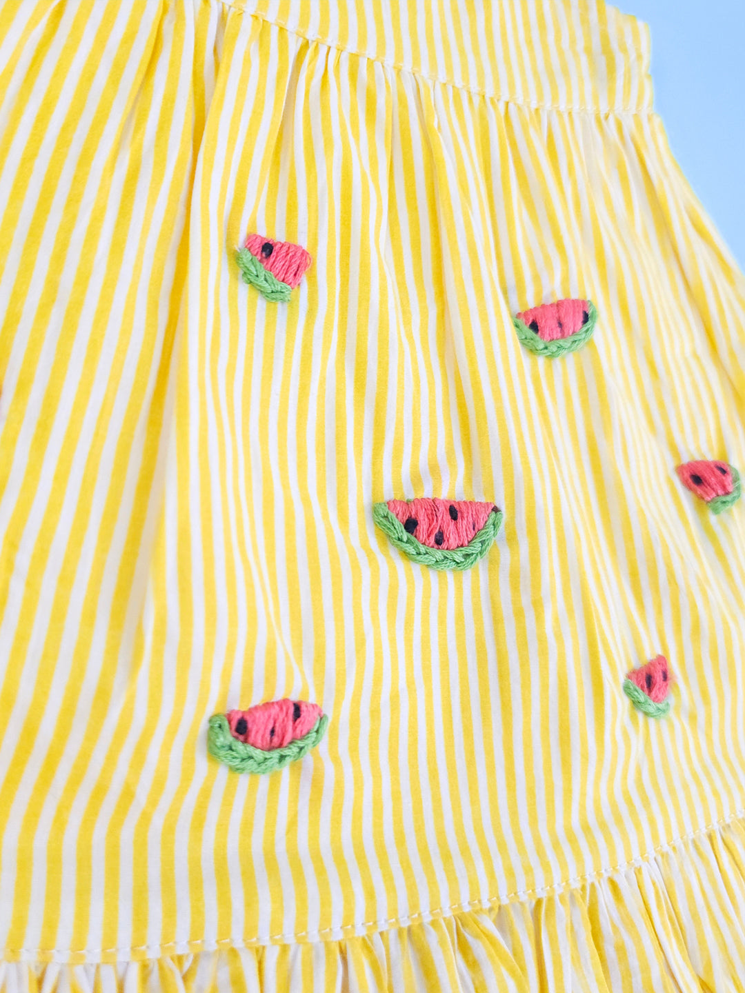 Yellow - Organic Cotton Watermelon Embroidered Girls Striped Jabla / Dress - Totdot