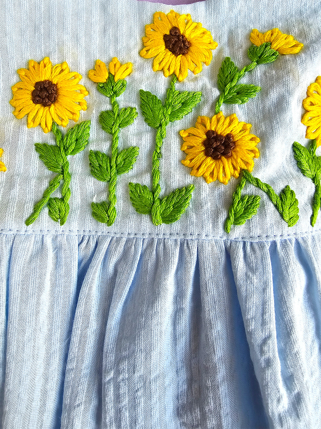 Sunflower - Organic Cotton Embroidered Girls Blue Dress - Totdot