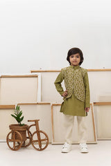 Cocomelon- Green Chanderi Silk Embroidered Collared Jacket with Kurta & Pyjama Set for Boys - Totdot