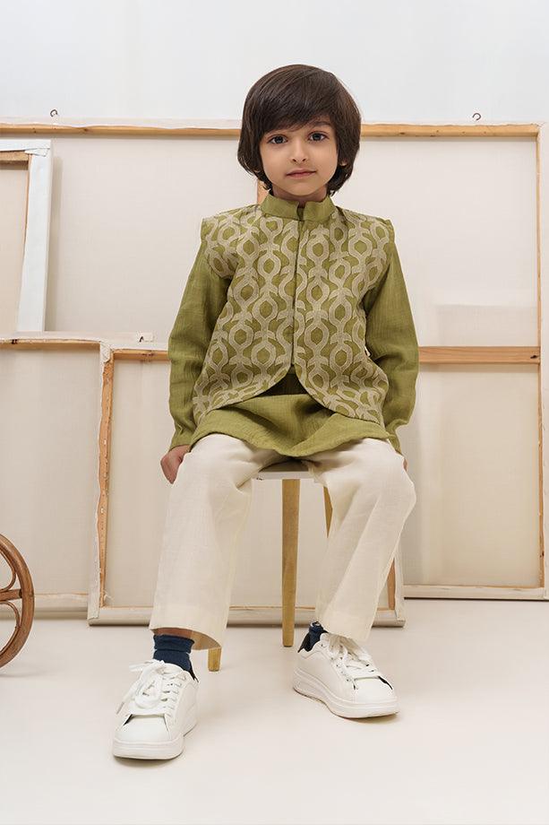 Cocomelon- Green Chanderi Silk Embroidered Collared Jacket with Kurta & Pyjama Set for Boys - Totdot