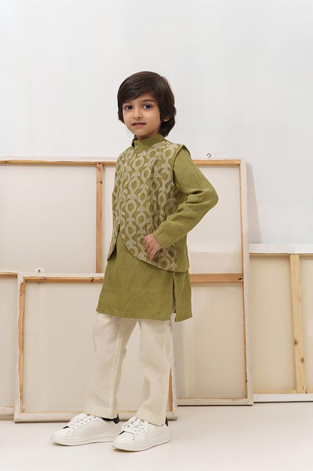 Cocomelon- Green Chanderi Silk Embroidered Collared Jacket with Kurta & Pyjama Set for Boys - Totdot