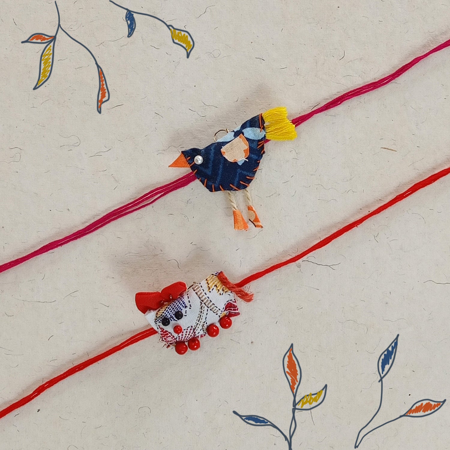 Cat & Bird Fabric Rakhi Combo