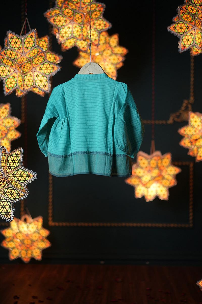 Dahlia girls ethnic kedia jacket/ top in teal handwoven cotton silk - Totdot