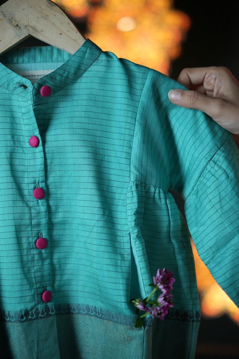 Dahlia girls ethnic kedia jacket/ top in teal handwoven cotton silk - Totdot