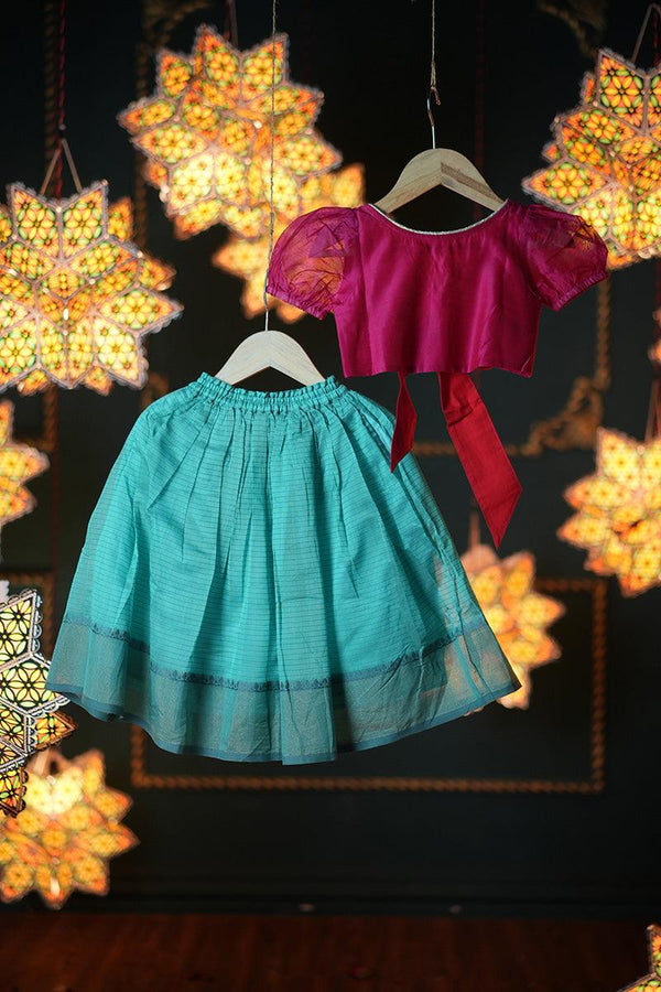 Dahlia girls ethnic wear set with teal lehenga skirt and a pink tie back choli in handwoven cotton silk - Totdot