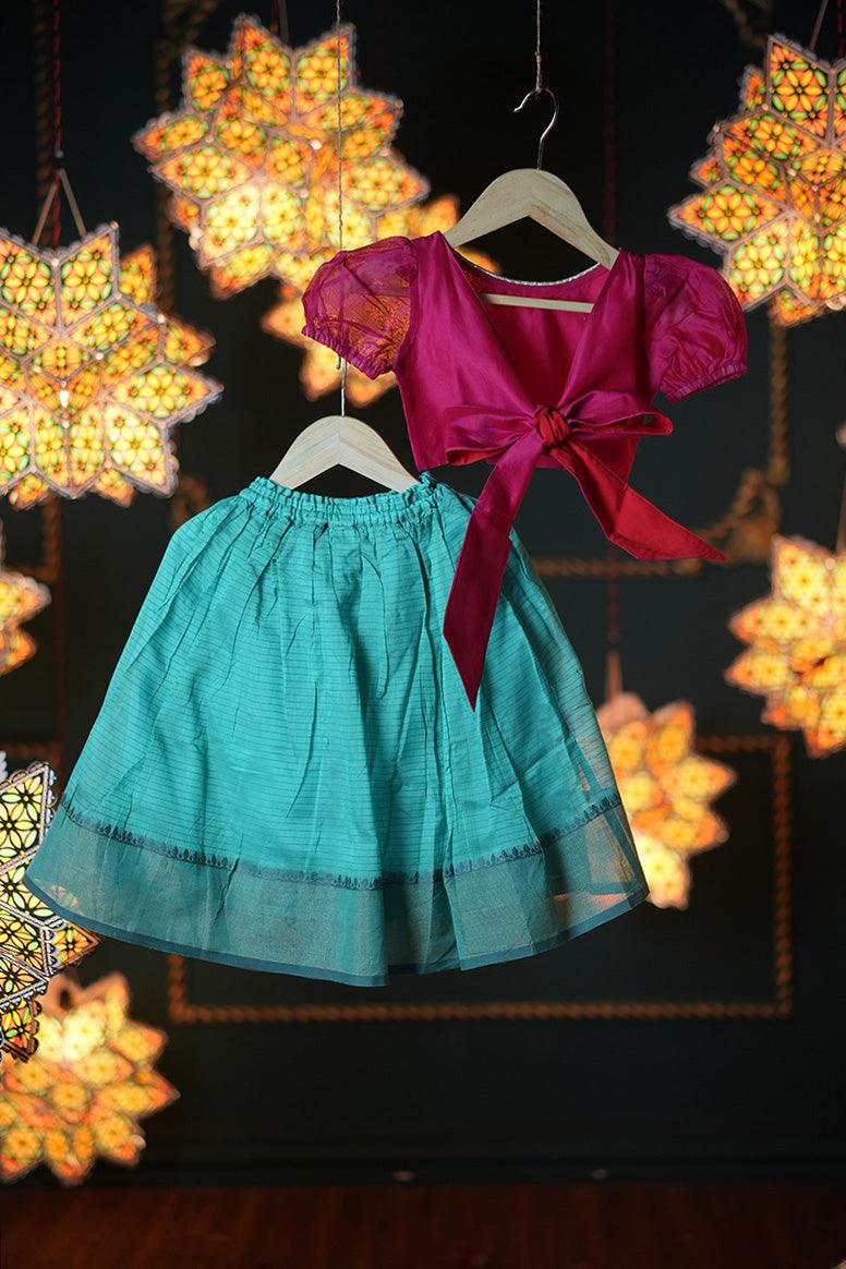 Dahlia girls ethnic wear set with teal lehenga skirt and a pink tie back choli in handwoven cotton silk - Totdot