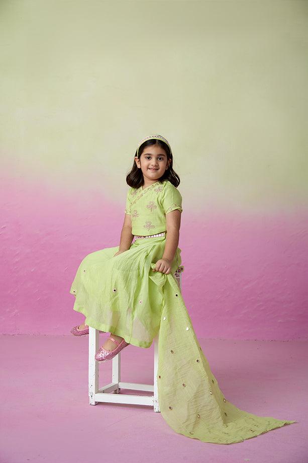 Dainty Garden- Lime Hand Embroidered Crop top, Skirt and Dupatta Set for Girls - Totdot