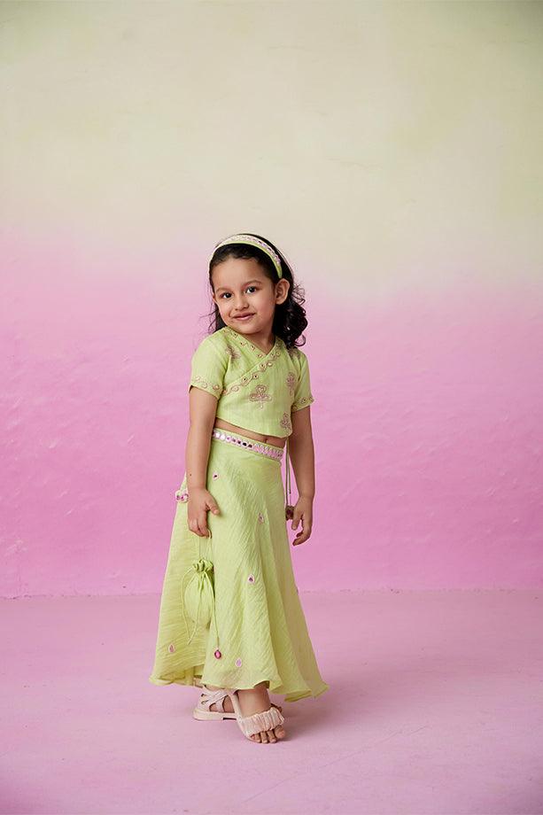 Dainty Garden- Lime Hand Embroidered Crop top, Skirt and Dupatta Set for Girls - Totdot