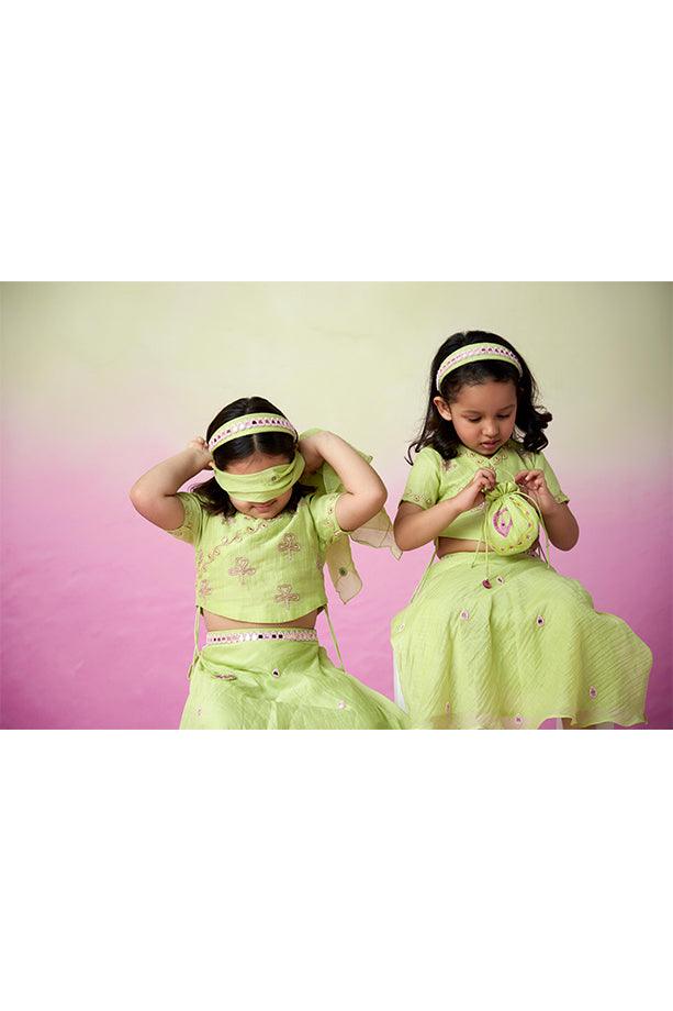 Dainty Garden- Lime Hand Embroidered Crop top, Skirt and Dupatta Set for Girls - Totdot