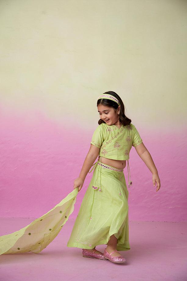 Dainty Garden- Lime Hand Embroidered Crop top, Skirt and Dupatta Set for Girls - Totdot